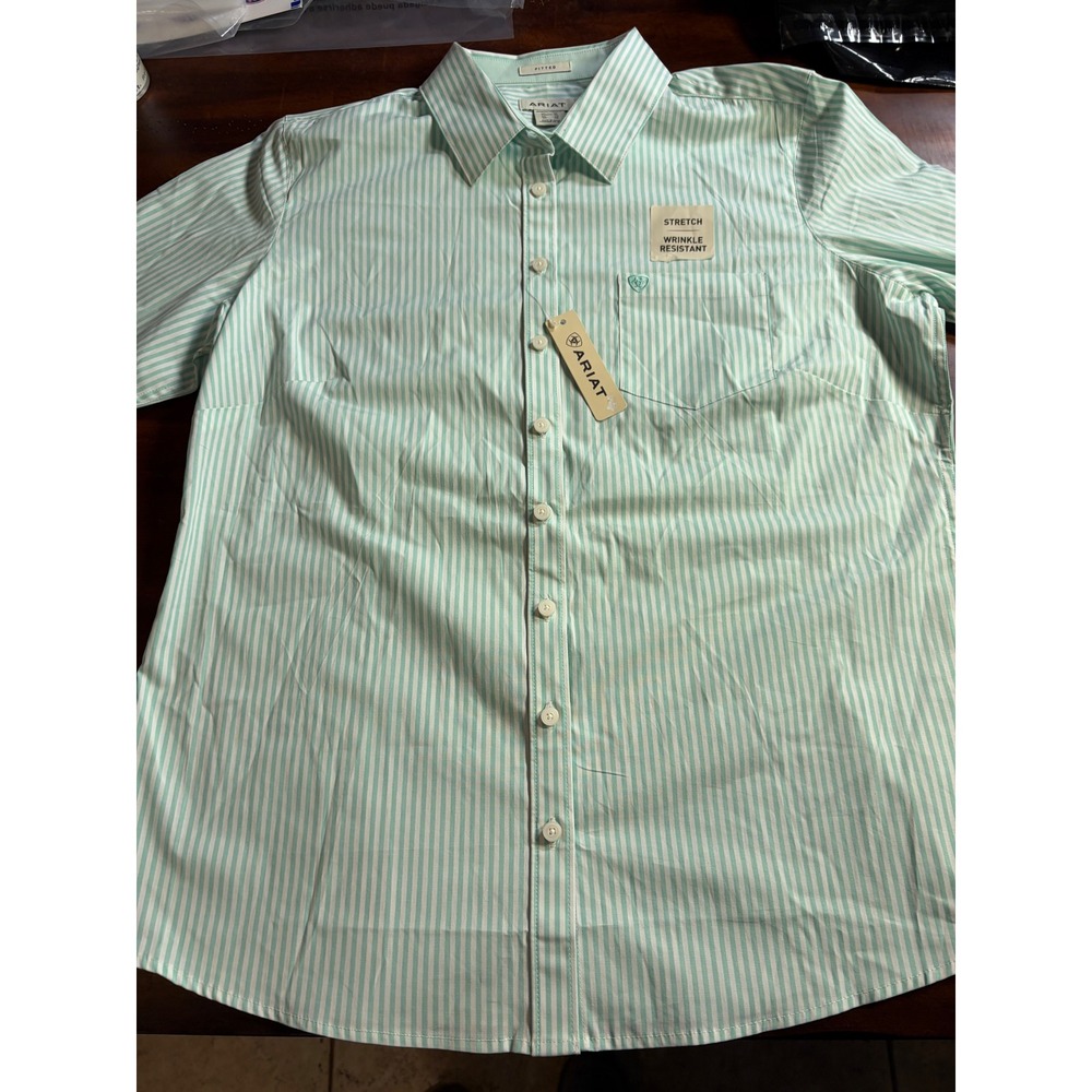 Ariat Womens XL Mint Green White Striped Fitted Stretch Button Down Shirt NWT